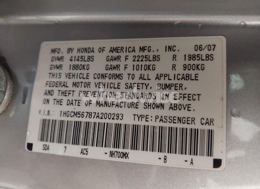 Photo 9 of 2007 Honda Accord 2.4 EX (VIN 1HGCM56787A200293)