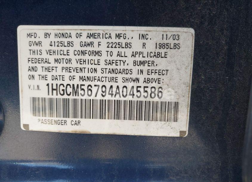 Photo 9 of 2004 Honda Accord 2.4 EX (VIN 1HGCM56794A045586)