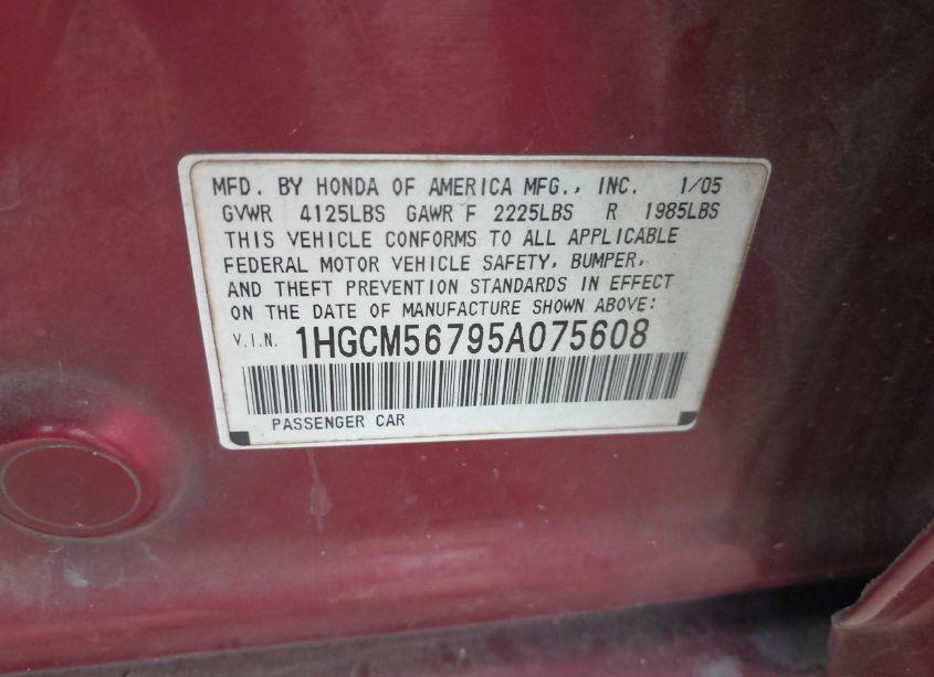 Photo 9 of 2005 Honda Accord 2.4 EX (VIN 1HGCM56795A075608)