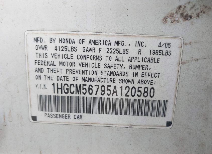 Photo 9 of 2005 Honda Accord 2.4 EX (VIN 1HGCM56795A120580)