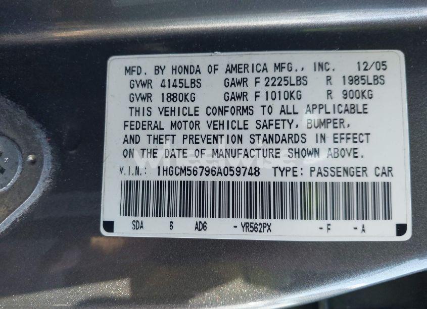 Photo 9 of 2006 Honda Accord 2.4 EX (VIN 1HGCM56796A059748)