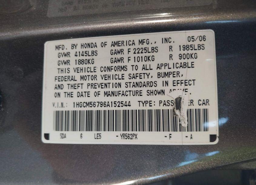 Photo 9 of 2006 Honda Accord 2.4 EX (VIN 1HGCM56796A152544)