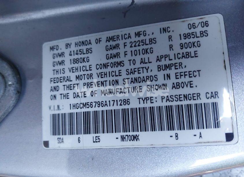 Photo 9 of 2006 Honda Accord 2.4 EX (VIN 1HGCM56796A171286)