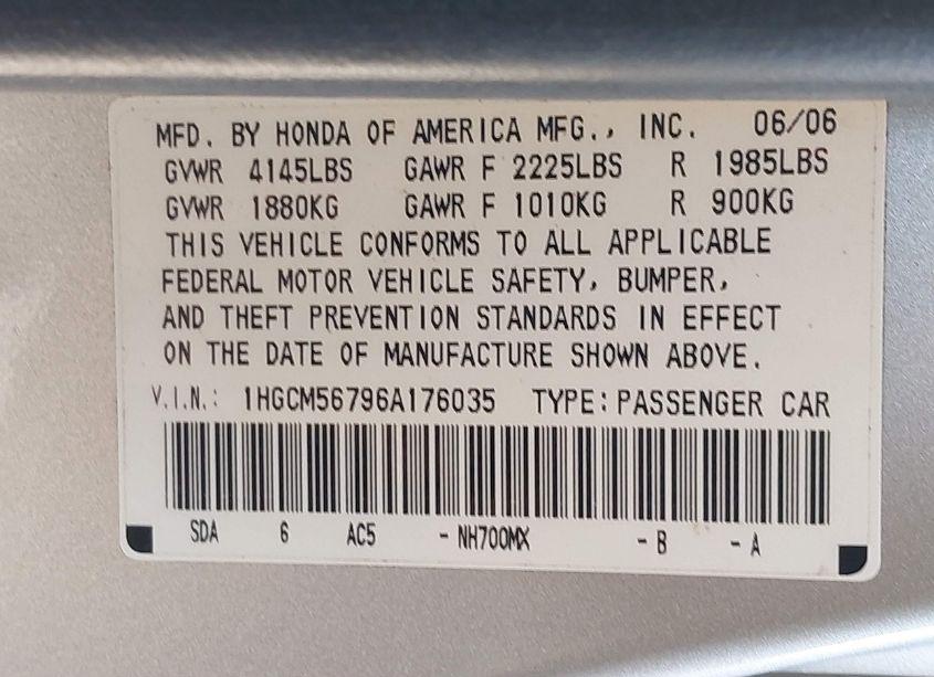 Photo 9 of 2006 Honda Accord 2.4 EX (VIN 1HGCM56796A176035)