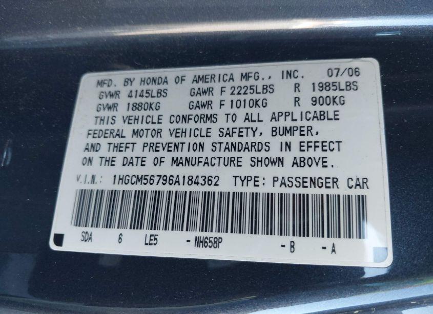 Photo 9 of 2006 Honda Accord 2.4 EX (VIN 1HGCM56796A184362)