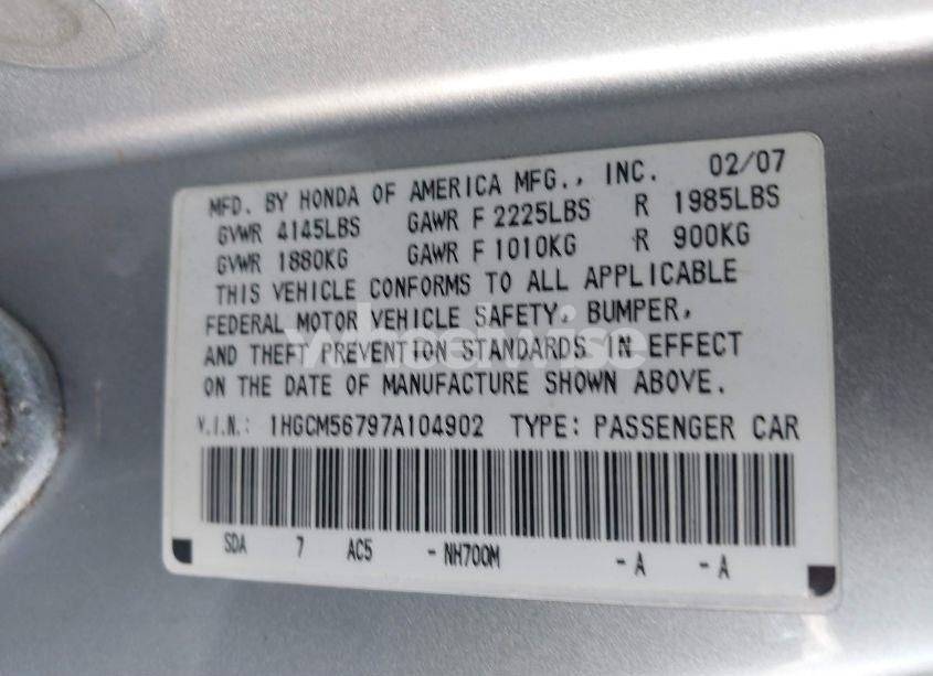 Photo 9 of 2007 Honda Accord 2.4 EX (VIN 1HGCM56797A104902)