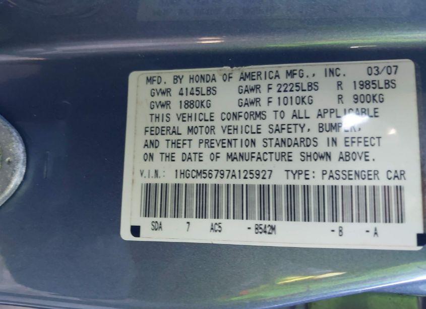 Photo 9 of 2007 Honda Accord 2.4 EX (VIN 1HGCM56797A125927)