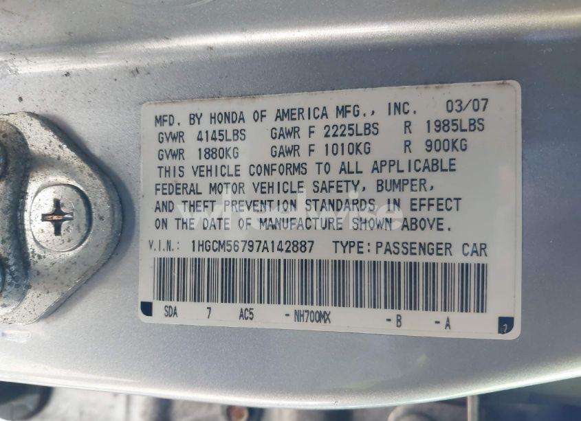 Photo 9 of 2007 Honda Accord 2.4 EX (VIN 1HGCM56797A142887)
