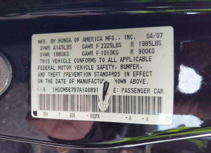 Photo 9 of 2007 Honda Accord 2.4 EX (VIN 1HGCM56797A146891)