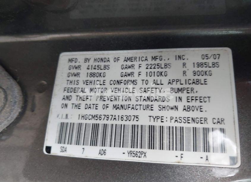 Photo 9 of 2007 Honda Accord 2.4 EX (VIN 1HGCM56797A163075)