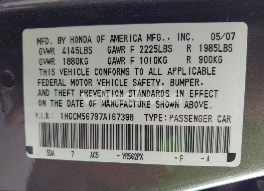 Photo 9 of 2007 Honda Accord 2.4 EX (VIN 1HGCM56797A167398)
