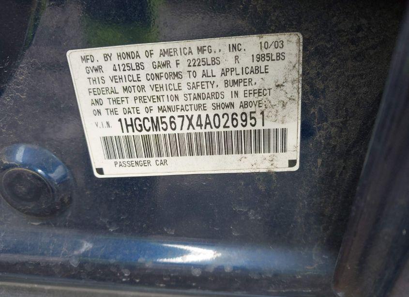 Photo 9 of 2004 Honda Accord 2.4 EX (VIN 1HGCM567X4A026951)
