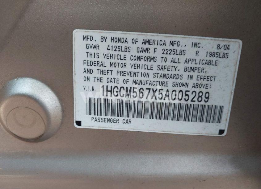 Photo 9 of 2005 Honda Accord 2.4 EX (VIN 1HGCM567X5A005289)