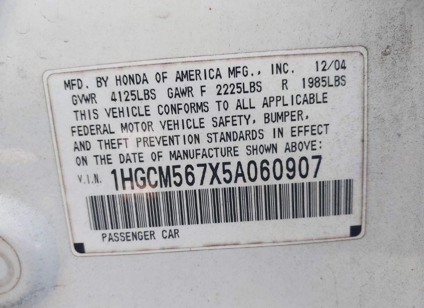 Photo 9 of 2005 Honda Accord 2.4 EX (VIN 1HGCM567X5A060907)