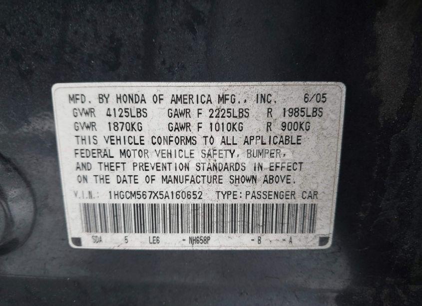 Photo 9 of 2005 Honda Accord 2.4 EX (VIN 1HGCM567X5A160652)