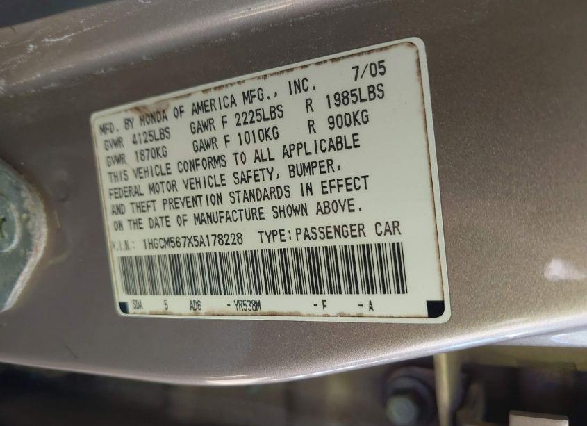 Photo 9 of 2005 Honda Accord 2.4 EX (VIN 1HGCM567X5A178228)