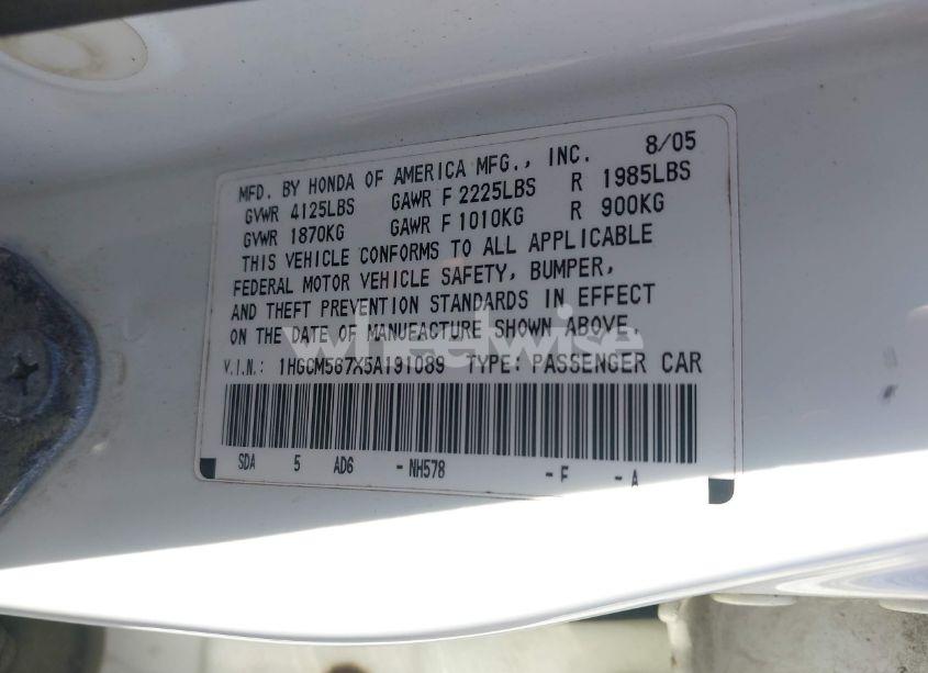 Photo 9 of 2005 Honda Accord 2.4 EX (VIN 1HGCM567X5A191089)