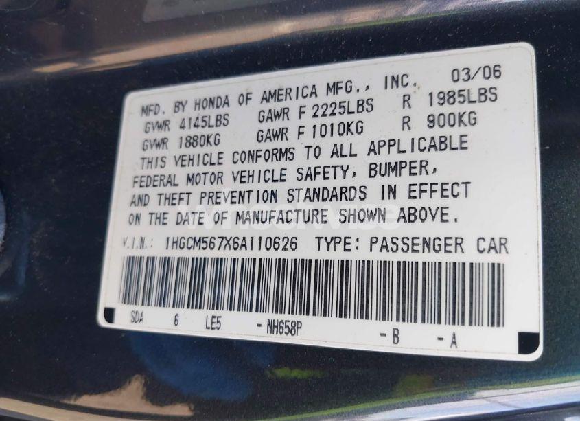 Photo 9 of 2006 Honda Accord 2.4 EX (VIN 1HGCM567X6A110626)