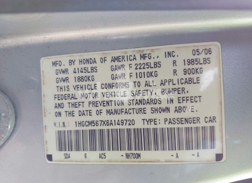 Photo 9 of 2006 Honda Accord 2.4 EX (VIN 1HGCM567X6A149720)