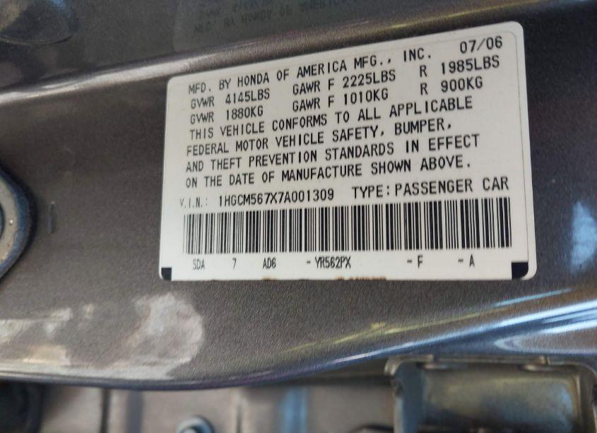 Photo 9 of 2007 Honda Accord 2.4 EX (VIN 1HGCM567X7A001309)