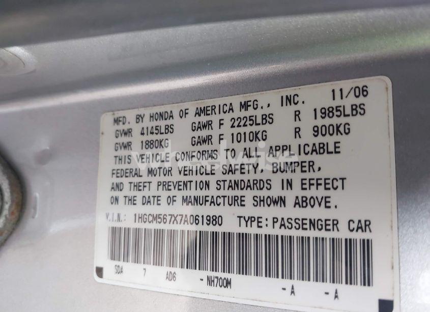 Photo 9 of 2007 Honda Accord 2.4 EX (VIN 1HGCM567X7A061980)