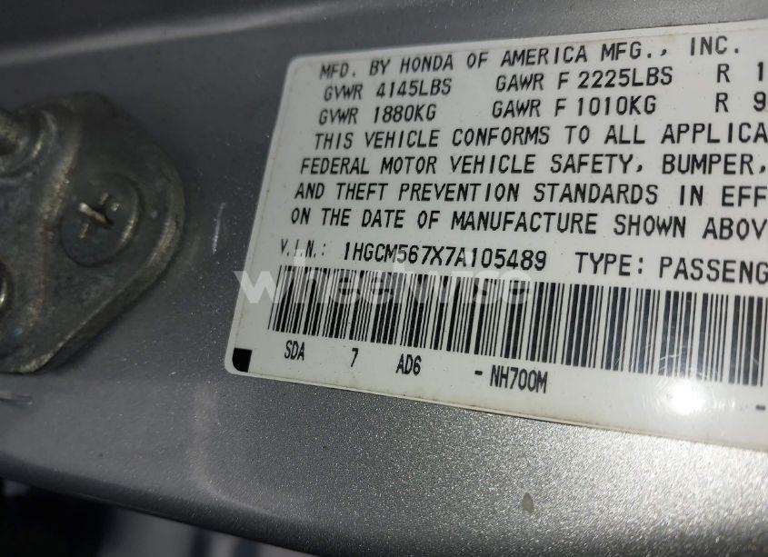 Photo 9 of 2007 Honda Accord 2.4 EX (VIN 1HGCM567X7A105489)