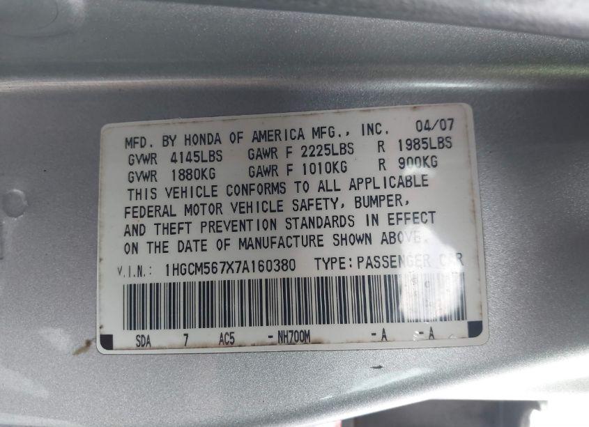 Photo 9 of 2007 Honda Accord 2.4 EX (VIN 1HGCM567X7A160380)