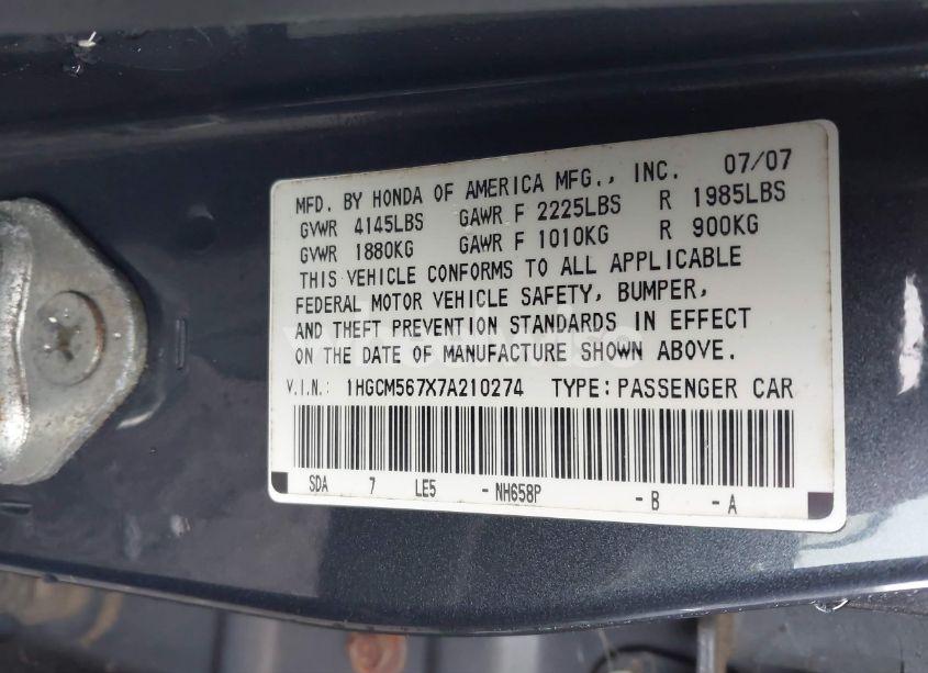 Photo 9 of 2007 Honda Accord 2.4 EX (VIN 1HGCM567X7A210274)