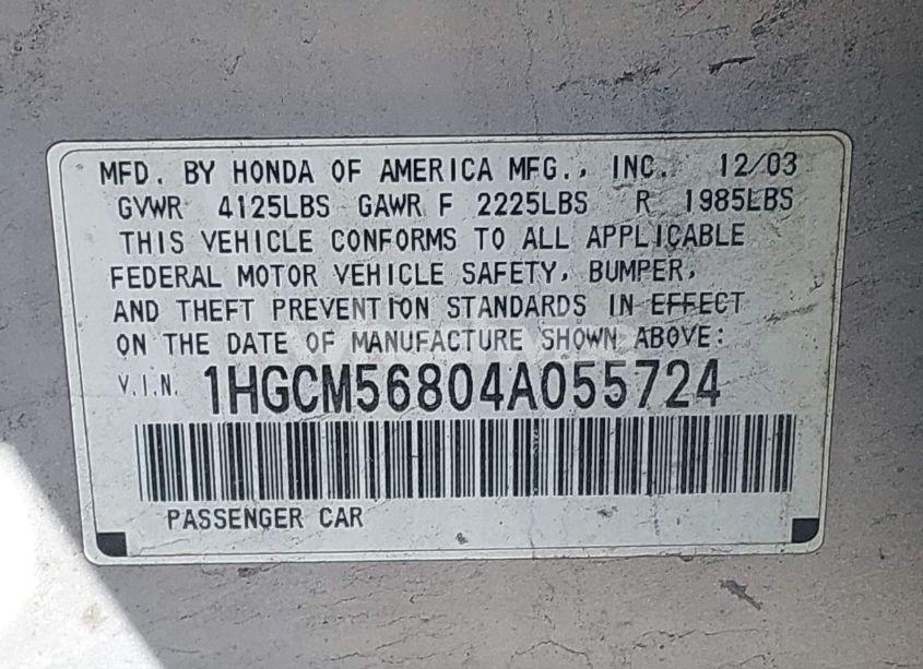 Photo 9 of 2004 Honda Accord 2.4 EX (VIN 1HGCM56804A055724)