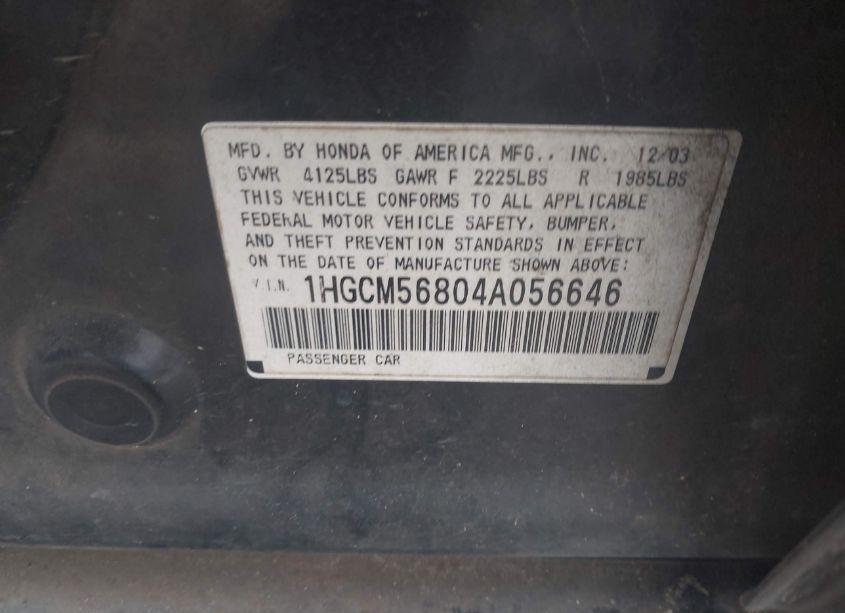Photo 9 of 2004 Honda Accord 2.4 EX (VIN 1HGCM56804A056646)