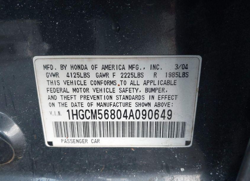 Photo 9 of 2004 Honda Accord 2.4 EX (VIN 1HGCM56804A090649)