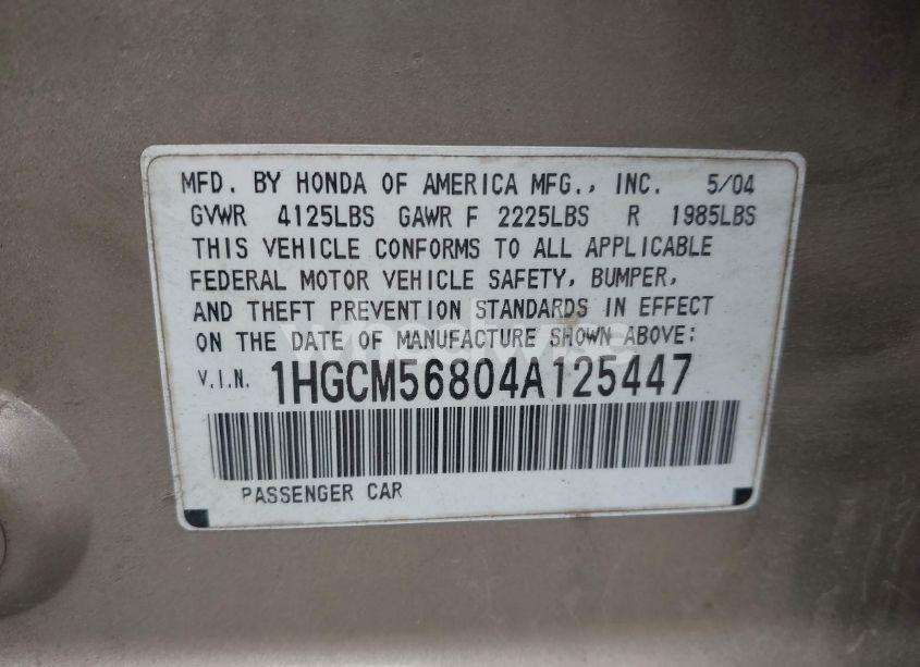 Photo 9 of 2004 Honda Accord 2.4 EX (VIN 1HGCM56804A125447)