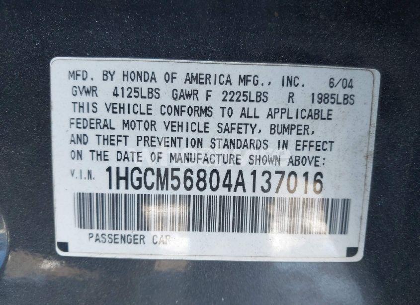 Photo 9 of 2004 Honda Accord 2.4 EX (VIN 1HGCM56804A137016)