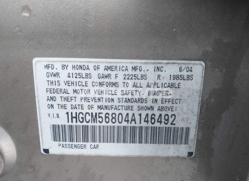 Photo 9 of 2004 Honda Accord 2.4 EX (VIN 1HGCM56804A146492)