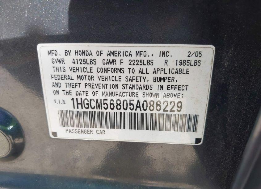 Photo 9 of 2005 Honda Accord 2.4 EX (VIN 1HGCM56805A086229)