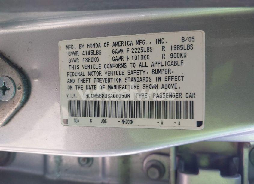 Photo 9 of 2006 Honda Accord 2.4 EX (VIN 1HGCM56806A002508)