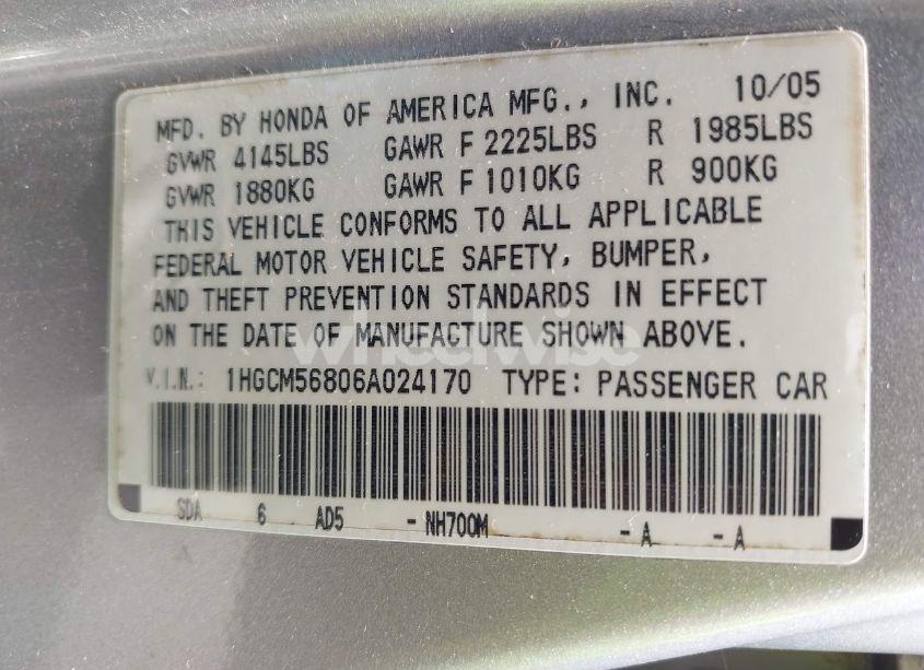 Photo 9 of 2006 Honda Accord 2.4 EX (VIN 1HGCM56806A024170)