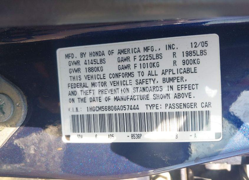 Photo 9 of 2006 Honda Accord 2.4 EX (VIN 1HGCM56806A057444)