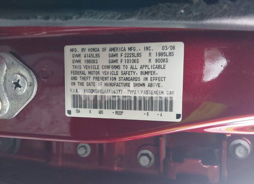 Photo 9 of 2006 Honda Accord 2.4 EX (VIN 1HGCM56806A116377)