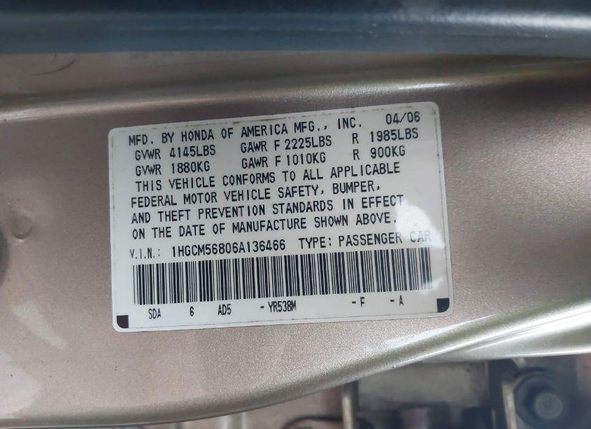 Photo 9 of 2006 Honda Accord 2.4 EX (VIN 1HGCM56806A136466)