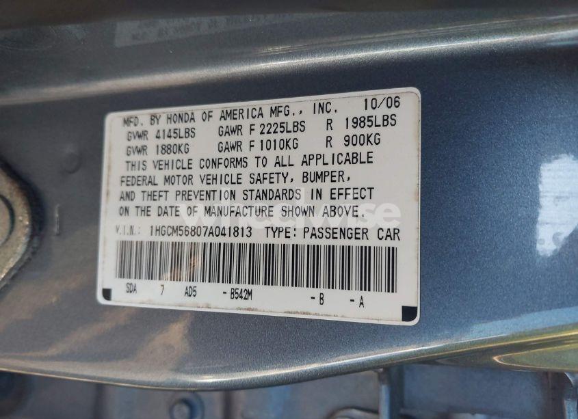 Photo 9 of 2007 Honda Accord 2.4 EX (VIN 1HGCM56807A041813)