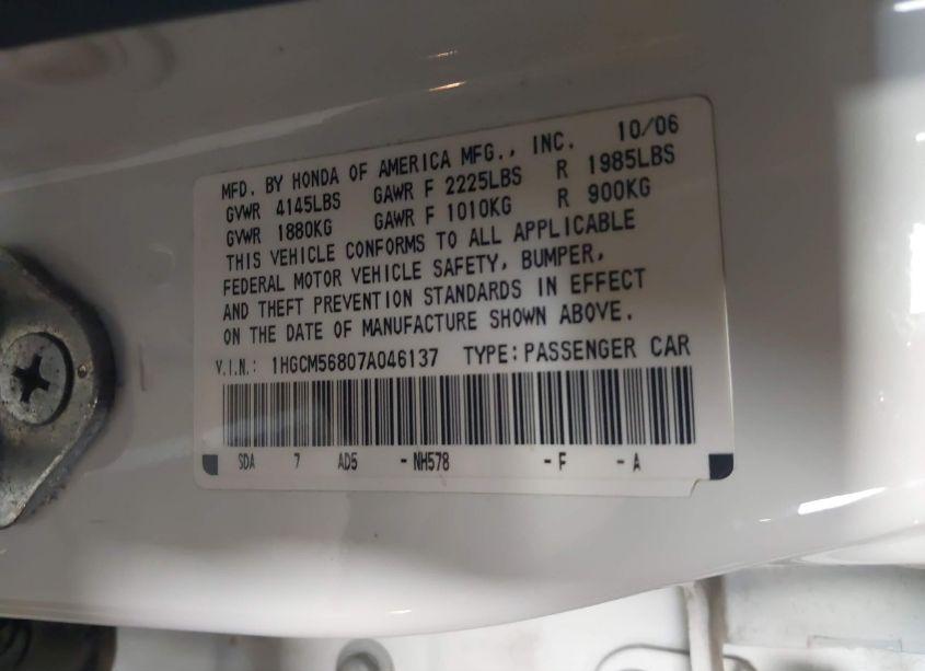 Photo 9 of 2007 Honda Accord 2.4 EX (VIN 1HGCM56807A046137)