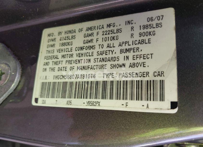Photo 9 of 2007 Honda Accord 2.4 EX (VIN 1HGCM56807A191016)