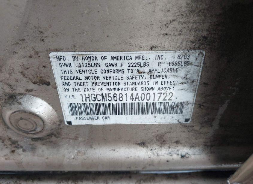 Photo 9 of 2004 Honda Accord 2.4 EX (VIN 1HGCM56814A001722)