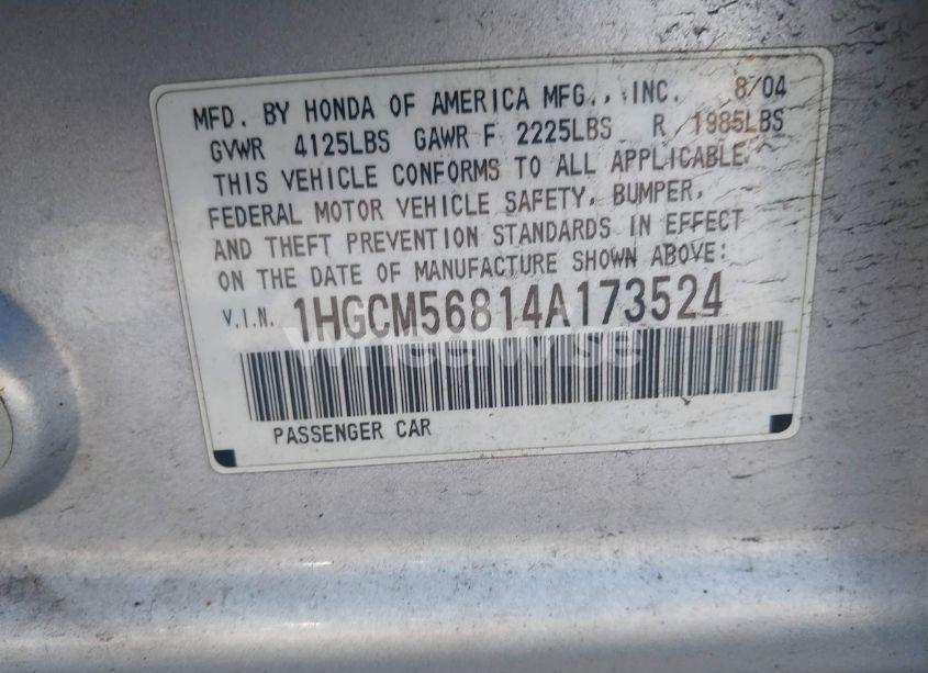 Photo 9 of 2004 Honda Accord 2.4 EX (VIN 1HGCM56814A173524)