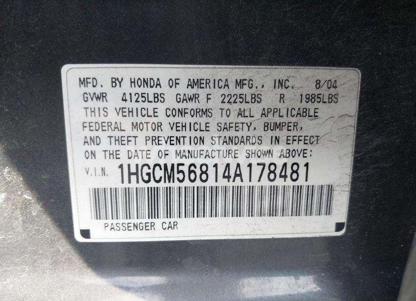 Photo 9 of 2004 Honda Accord 2.4 EX (VIN 1HGCM56814A178481)