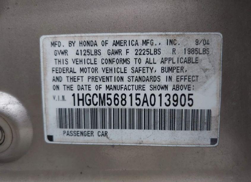 Photo 9 of 2005 Honda Accord 2.4 EX (VIN 1HGCM56815A013905)