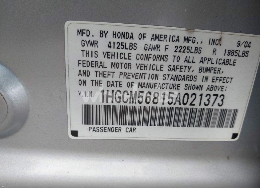 Photo 9 of 2005 Honda Accord 2.4 EX (VIN 1HGCM56815A021373)