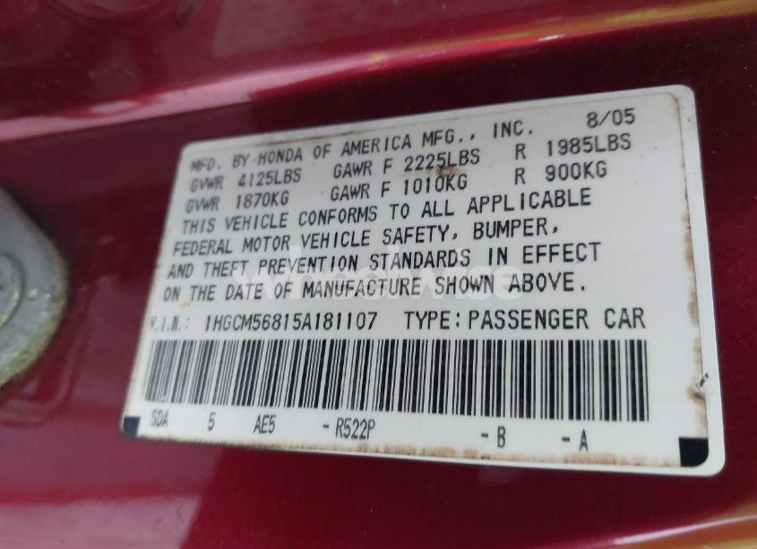 Photo 9 of 2005 Honda Accord 2.4 EX (VIN 1HGCM56815A181107)