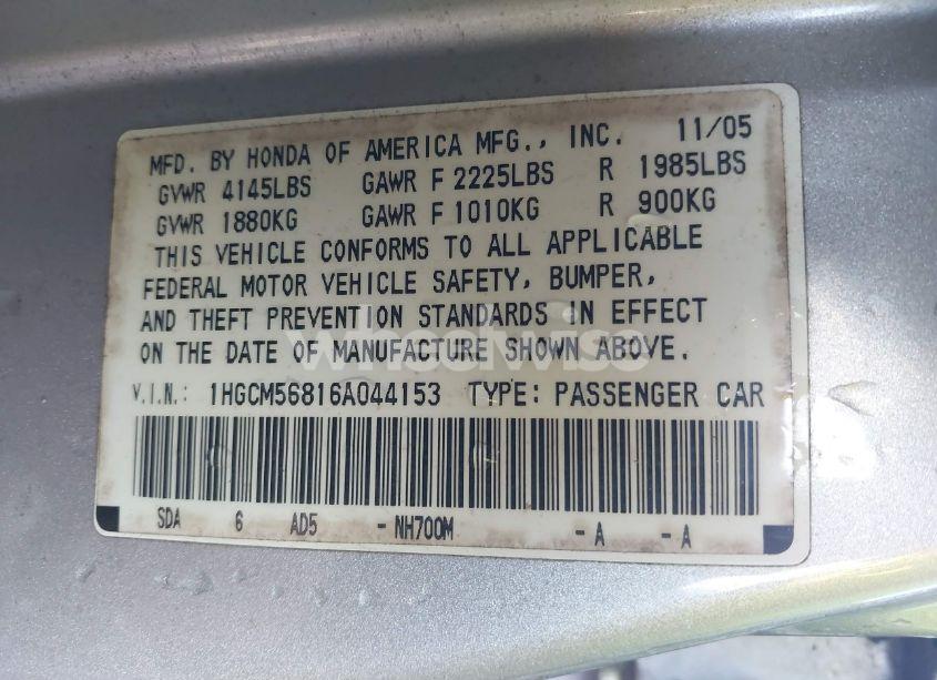 Photo 9 of 2006 Honda Accord 2.4 EX (VIN 1HGCM56816A044153)